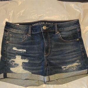 American Eagle Outfitters Women's Dark Blue Distressed Jean Shorts